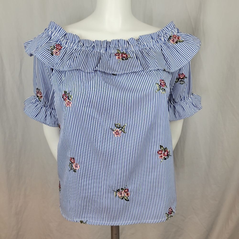 Active USA Blue and White Striped On/Off Shoulder Embroidered Top